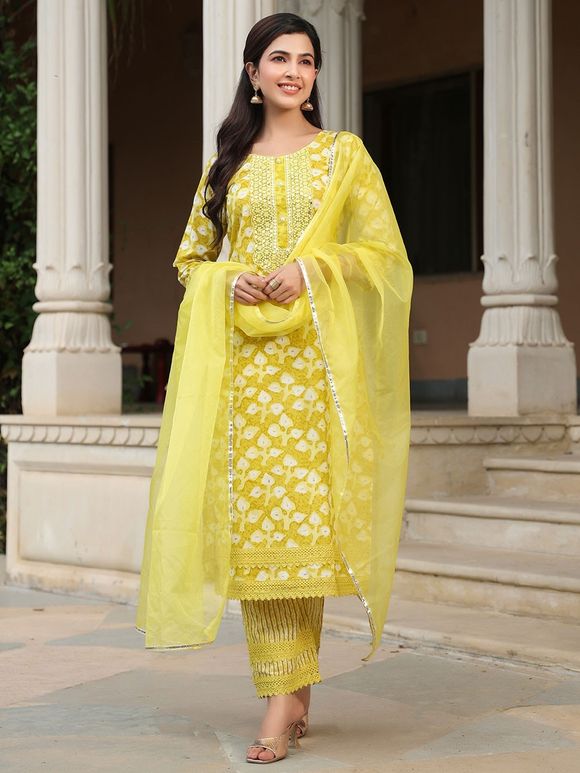 Lime Yellow Embroidered Cotton Suit - Set of 3