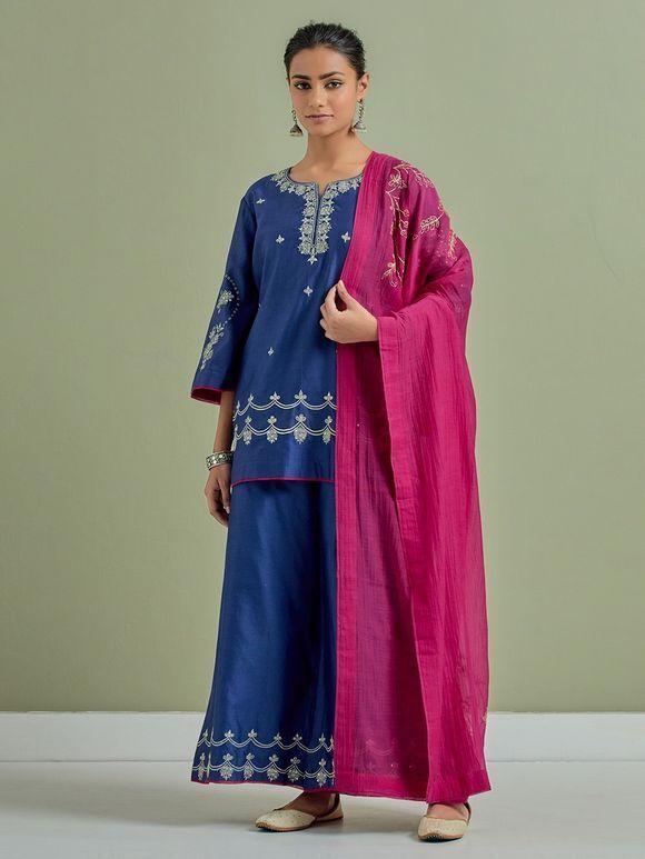 Blue Embroidered Chanderi Silk Suit- Set of 3