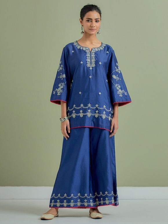 Blue Embroidered Chanderi Silk Kurta with Palazzo - Set of 2