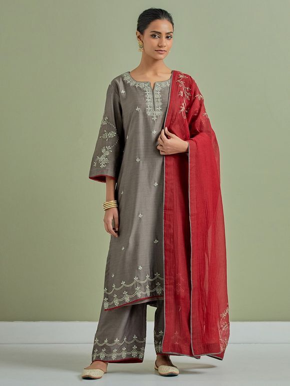 Grey Embroidered Chanderi Silk Suit- Set of 3