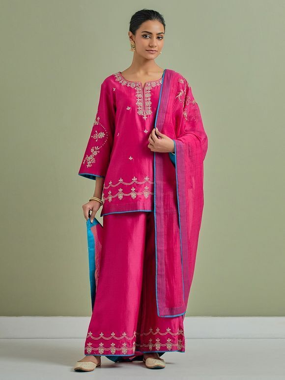Pink Embroidered Chanderi Silk Suit- Set of 3