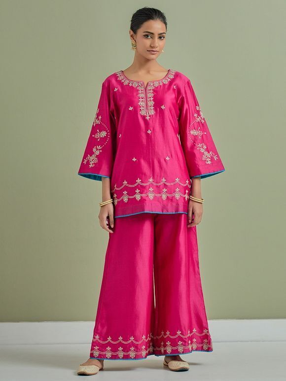 Pink Embroidered Chanderi Silk Kurta with Palazzo - Set of 2