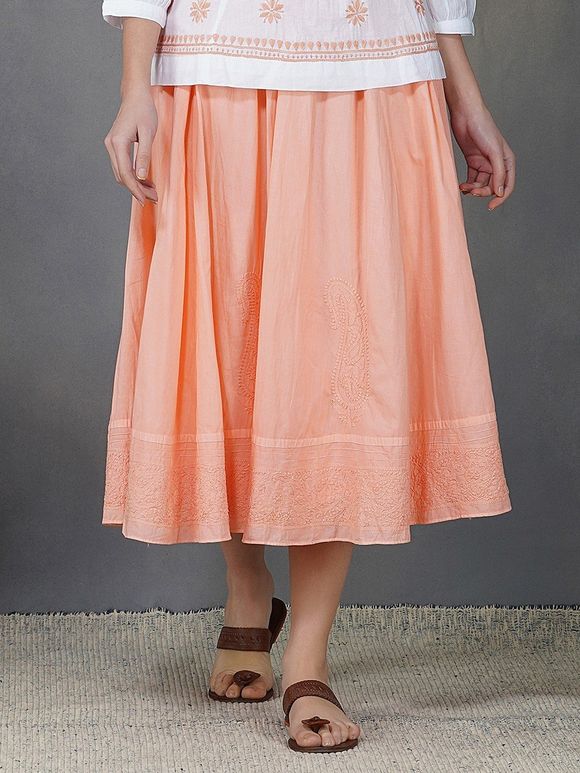 Peach Chikankari Cotton Skirt