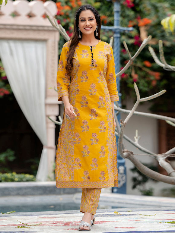 Yellow Printed Cotton Suit - Set of 3