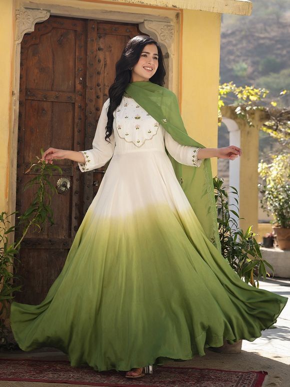 Green White Ombre Viscose Muslin Embroidered Gown with Organza Dupatta - Set of 2