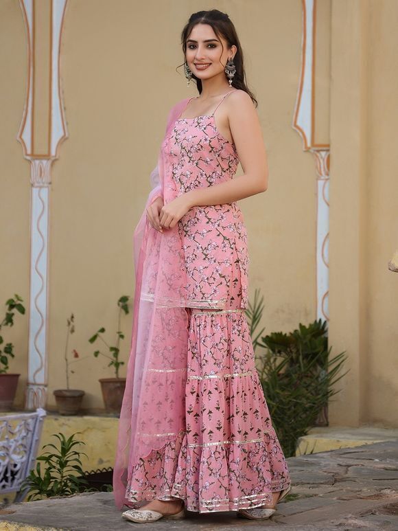 Pink White Printed Cotton Sharara Suit with Scalloped Organza Dupatta - Set of 3