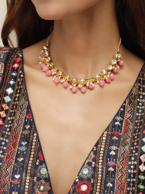 Gold Toned Pink Handcrafted Metal Necklace