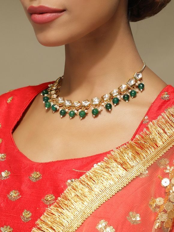 Gold Toned Green Handcrafted Metal Necklace