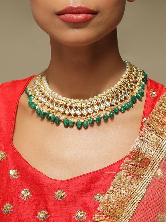 Gold Toned Green Handcrafted Metal Necklace