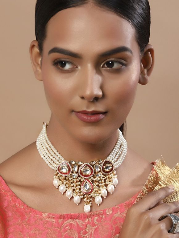 Gold Plated White Handcrafted Brass Kundan Necklace