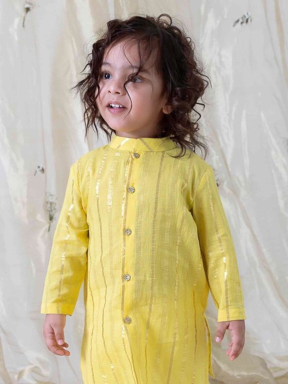 Yellow Cotton Lurex Kurta with Cream Pajama - Set of 2