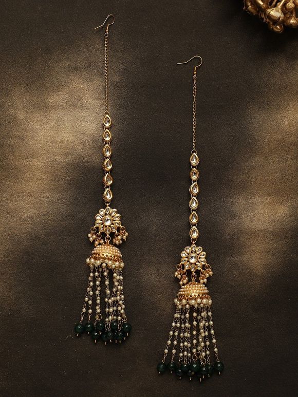 Gold Plated Handcrafted Metal Kundan Earrings with Ear Chain
