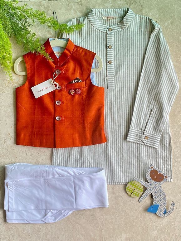 Grey Cotton Striped Kurta with Rust Silk Jacket and White Churidar - Set of 3