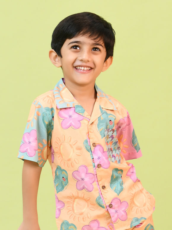 Multicolor Printed Cotton Poplin Shirt with Shorts - Set of 2