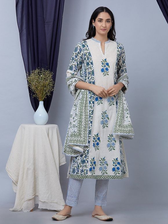 Blue White Hand Block Printed Cotton Kurta with Striped Pants and Dupatta - Set of 3