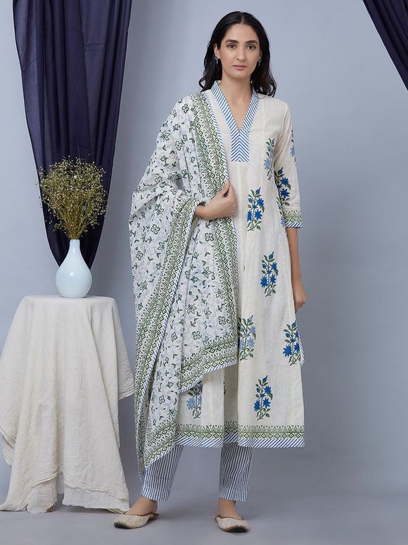 Blue White Hand Block Printed Cotton Anarkali Kurta with Striped Pants and Dupatta - Set of 3
