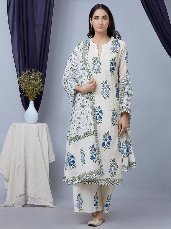 Blue White Hand Block Printed Cotton Suit - Set of 3