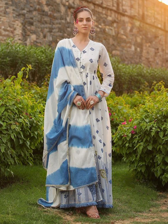 Blue Mulmul Cotton Hand Block Printed Tie Strap Shoulder Dress main image 0