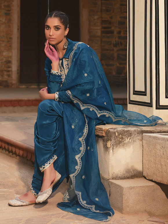 Blue Zari Embroidered Crepe Suit - Set of 3