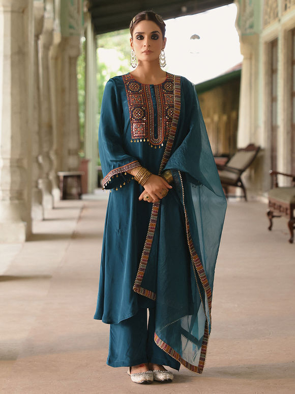 Blue Embroidered Crepe Suit - Set of 3
