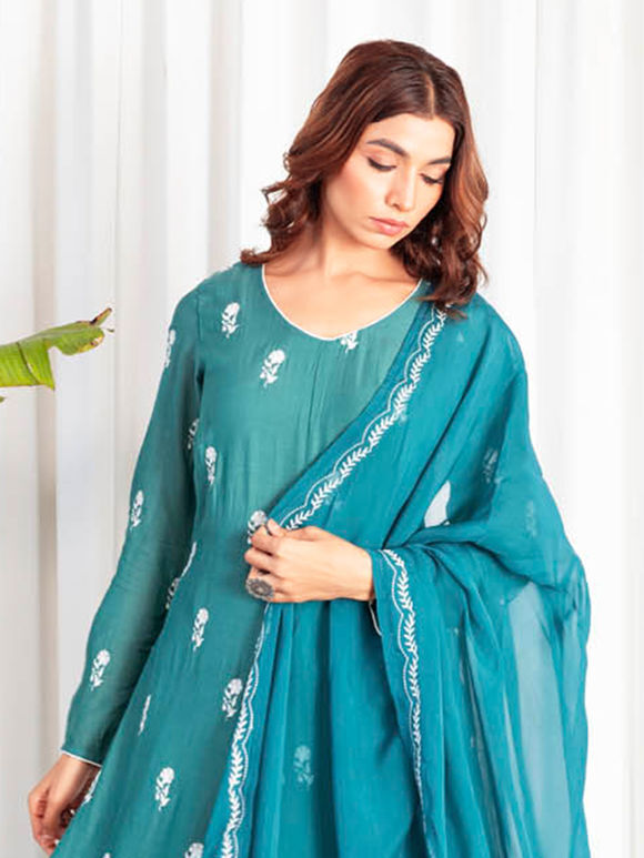 Green Embroidered Muslin Dress with Dupatta- Set of 2
