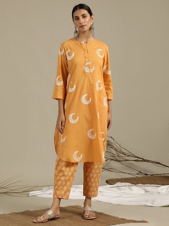 Orange Hand Block Printed Cotton Kurta with Pants- Set of 2