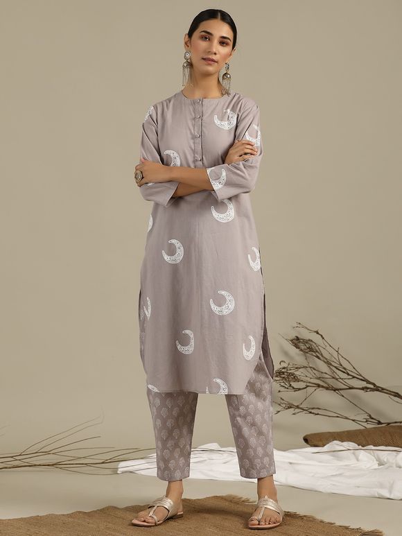 Grey Hand Block Printed Cotton Kurta with Pants- Set of 2