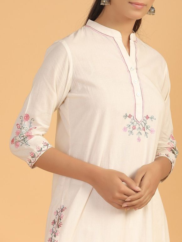Off White Pink Aari Embroidered Cotton Kurta
