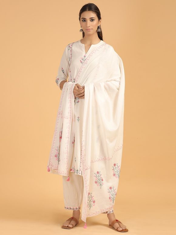 Off White Pink Aari Embroidered Cotton Suit- Set of 3
