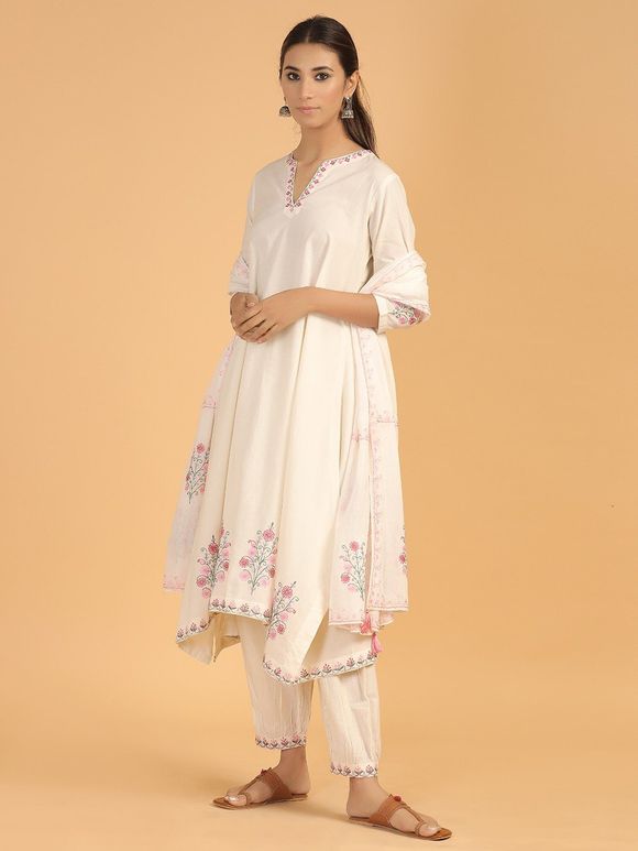 Off White Pink Aari Embroidered Cotton Asymmetric Suit- Set of 3