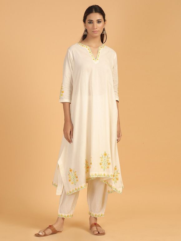 Off White Yellow Aari Embroidered Cotton Asymmetric Kurta