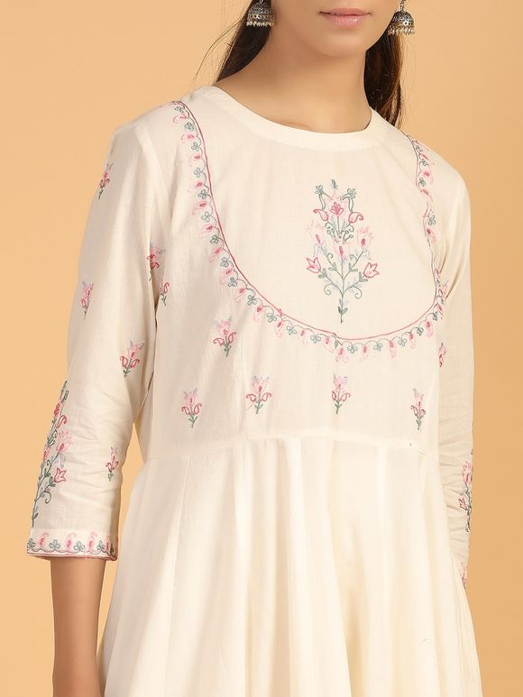 Off White Pink Aari Embroidered Cotton Anarkali Kurta
