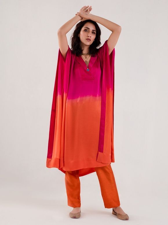 Pink Orange  Ombre Dyed Satin Kaftan with Pants - Set of 2