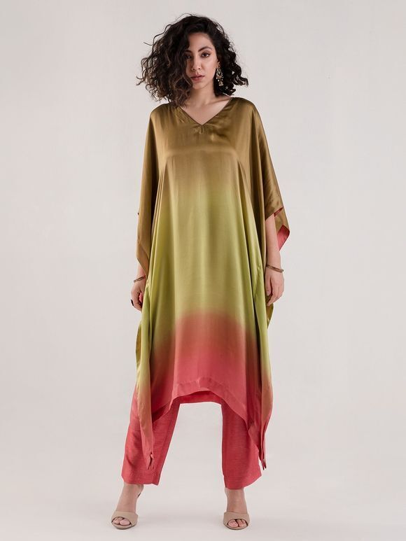 Green Ombre Dyed Satin Kaftan with Pink Pants - Set of 2