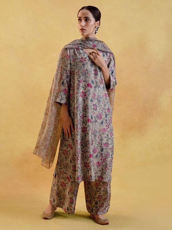 Grey Printed Habutai Silk A-Line Suit with Kota Dupatta - Set of 3