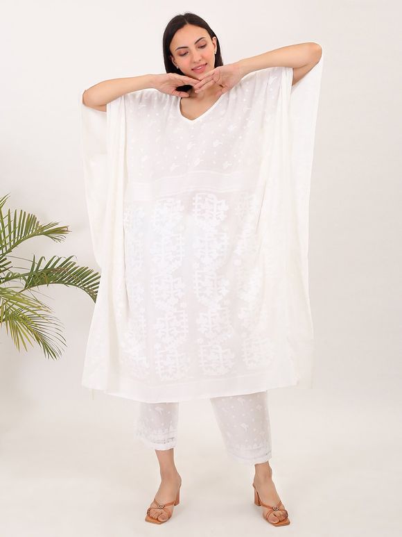 White Handwoven Cotton Jamdani Viscose Kaftan with Pants- Set of 2