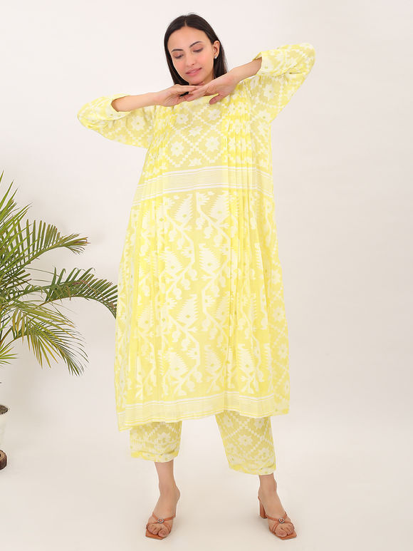 Yellow Handwoven Cotton Jamdani Viscose Kurta with Pants- Set of 2