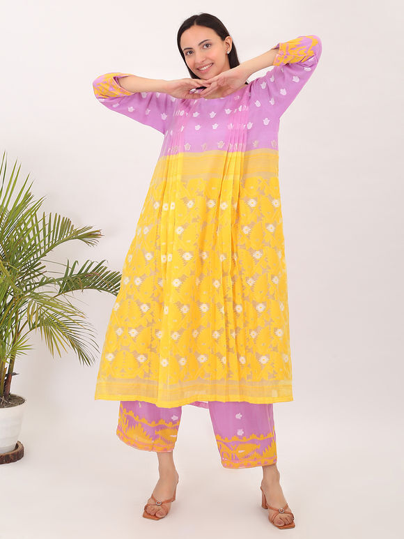 Yellow Purple Handwoven Cotton Jamdani Viscose Kurta with Pants- Set of 2