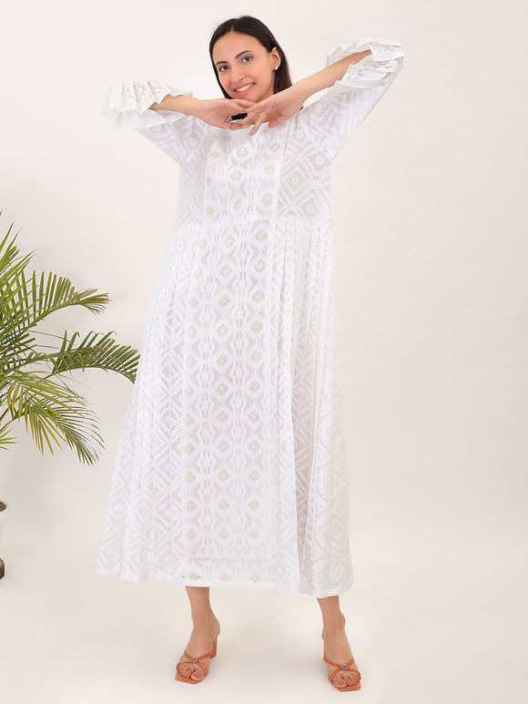 White Handwoven Cotton Jamdani Viscose Dress
