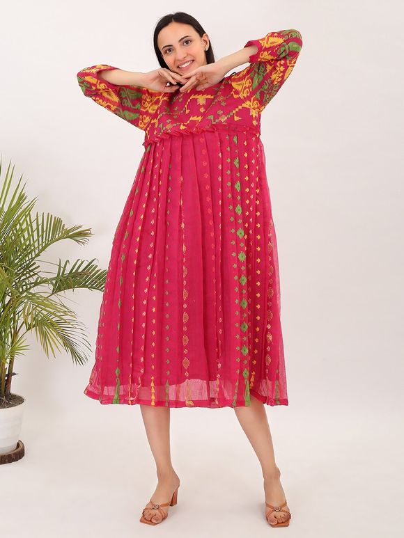 Pink Handwoven Cotton Jamdani Viscose Dress