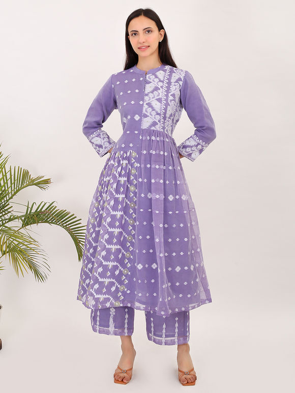 Purple Handwoven Cotton Jamdani Viscose Kurta with Pants- Set of 2