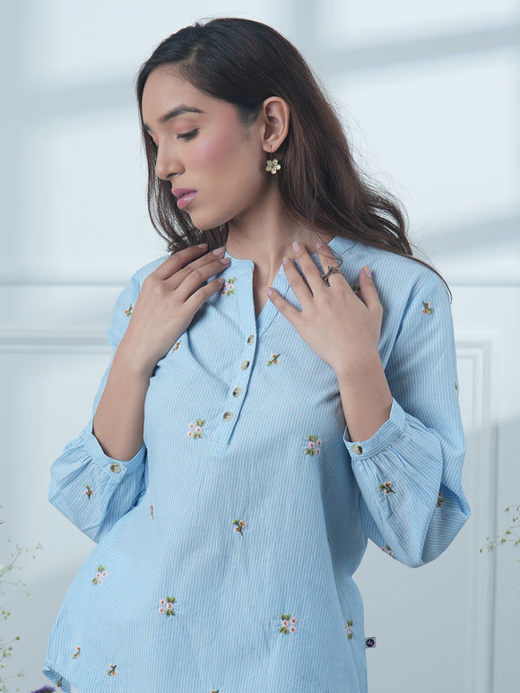 Blue Embroidered Cotton Striped Shirt