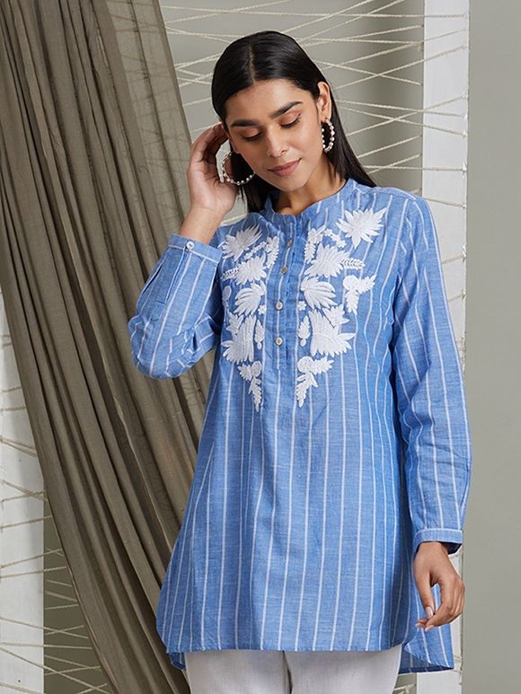 Blue White Striped Cotton Embroidered Top