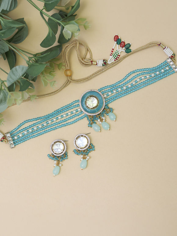 Turquoise Handcrafted Brass Choker with Earrings- Set of 2