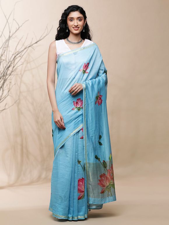 Blue Printed Chanderi Silk Saree