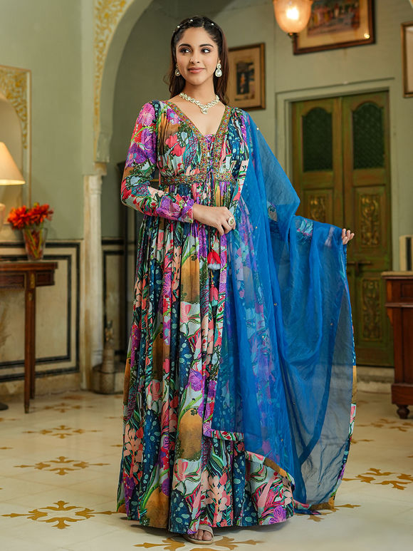 Blue Printed Muslin Gown with Dupatta- Set of 2