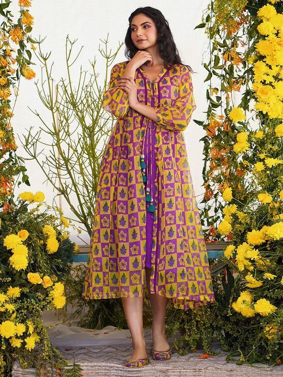 Purple Cotton A-Line Dress with Yellow Printed Kota Doria Jacket - Set of 2