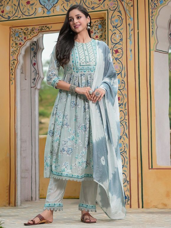 Grey Floral Printed Chanderi Embroidered Suit - Set of 3