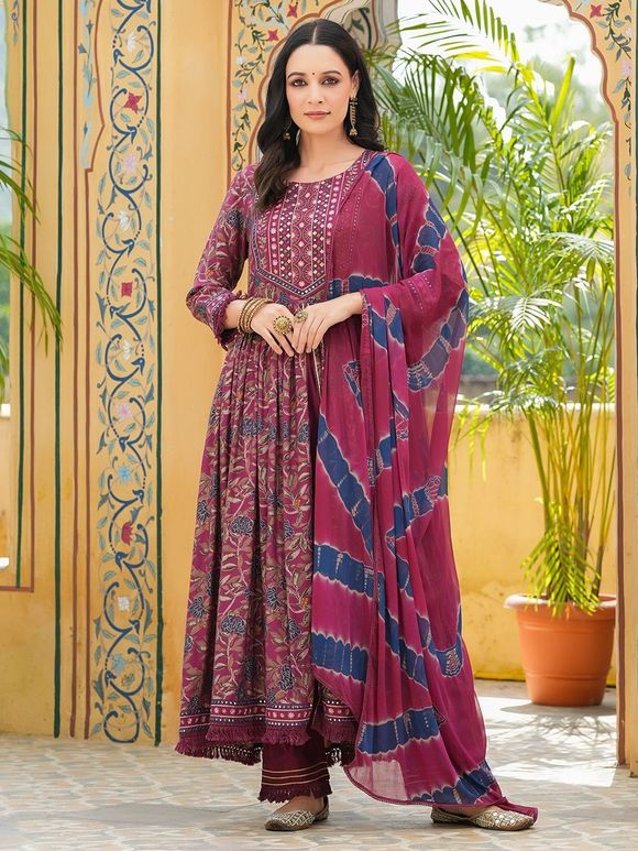 Maroon Blue Printed Cotton Mulmul Mirror Embroidered Suit with Tie and Dye Chiffon Dupatta- Set of 3
