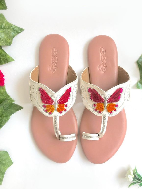 Old Rose White Embroidered Faux Leather Slip Ons
